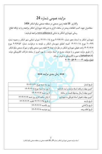 مزایده واگذاری 16 قطعه زمین در شهرک صنعتی نیکو اشکذر